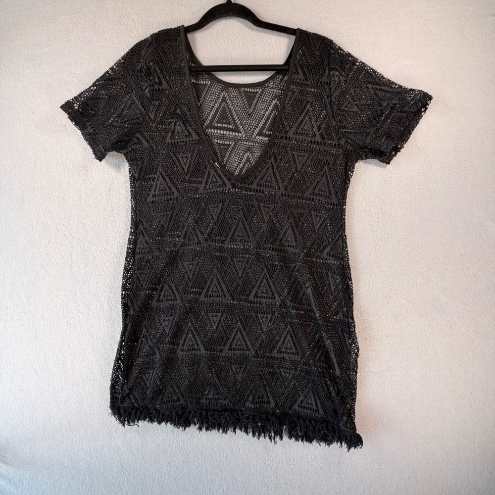 Crochet Tunic Top Womens L Black Sheer Geometric Fringe Hem Boho Festival Goth